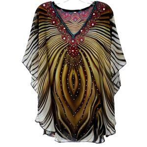 Y2k Embellished V-Neck Beaded Sheer Tunic Dress Colorful One Size